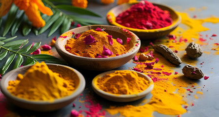 Multicolored Holi powder in clay cups. Festive decoration of the Indian Holi festival.	