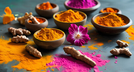 Multicolored Holi powder in clay cups. Festive decoration of the Indian Holi festival.	