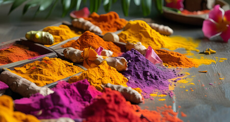 Multicolored Holi powder in clay cups. Festive decoration of the Indian Holi festival.	