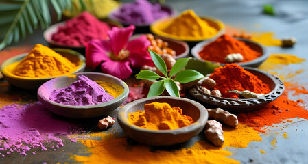 Multicolored Holi powder in clay cups. Festive decoration of the Indian Holi festival.	
