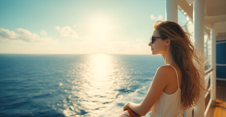 On a sunny summer day, a young woman on a cruise ship admires the panoramic view of the sparkling ocean, feeling the light sea breeze and basking in the warm sun rays.