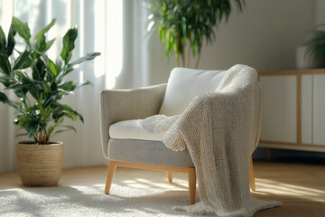 Modern living area with a soft fabric armchair, light wooden furniture, a cozy knitted throw blanket, large potted plants, and plenty of natural light.