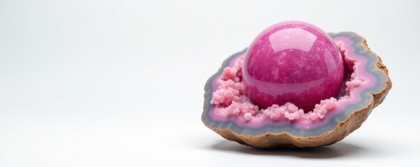 Geode with pink tourmaline rubellite sphere on white background, sphere, crystal