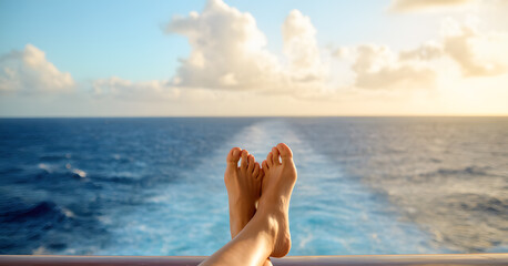 Women's legs on the deck of a cruise ship on a sunny summer day overlooking the sea. The concept of maritime tourism and travel.