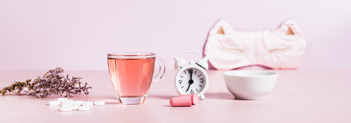 Insomnia remedies and sleep accessories on the table  web banner