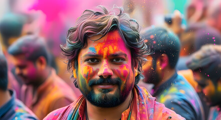 Portrait of a man at the Holi Festival in India. A vibrant festival of colors.
