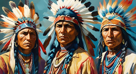 Native American Indians in the Wild West. Abstract painting depicting three men from the tribe.