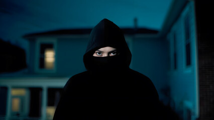 A man is a thief, a robber in a black mask against the background of residential buildings. A robbery, a raid committed by criminal means.