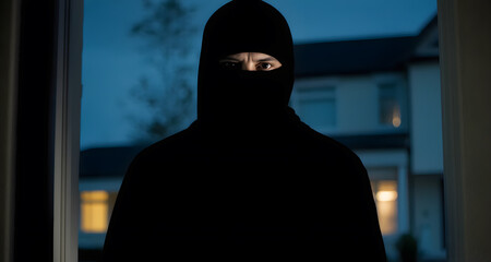 A man is a thief, a robber in a black mask against the background of residential buildings. A robbery, a raid committed by criminal means.
