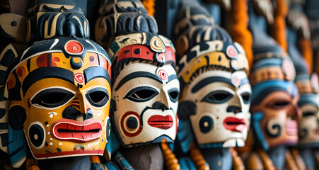 Traditional ethnic Hindu face mask. A background composition of totem masks.