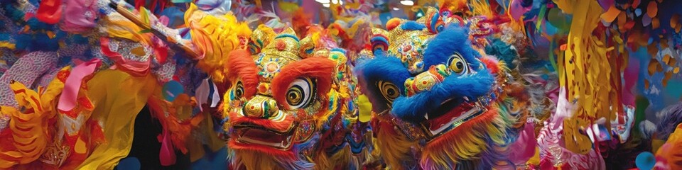 Fototapeta premium Vibrant Dragon Dance Celebration: A Festive Display of Colorful Costumes and Cultural Heritage Capturing the Essence of Traditional Performance Art.