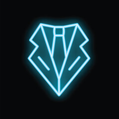 Bright blue neon sign is glowing in the dark in the shape of a suit and tie