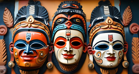Traditional ethnic Hindu face mask. A background composition of totem masks.