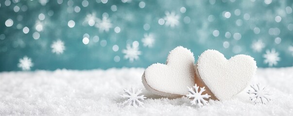 Two white, fluffy heart shapes sit on a snowy surface, against a sparkling, soft blue background, evoking a winter wonderland theme.