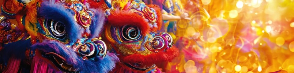 Fototapeta premium Vibrant Celebration: Colorful Lion Dance Mask Enhancing Festive Atmosphere with Intricate Details and Joyful Energy.