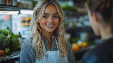 Bright Smiling Young Woman in Welcoming Customers in a Fresh Market Setting