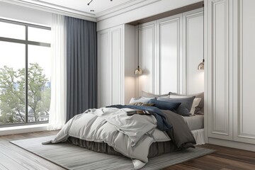 White wardrobe in modern Scandinavian bedroom interior