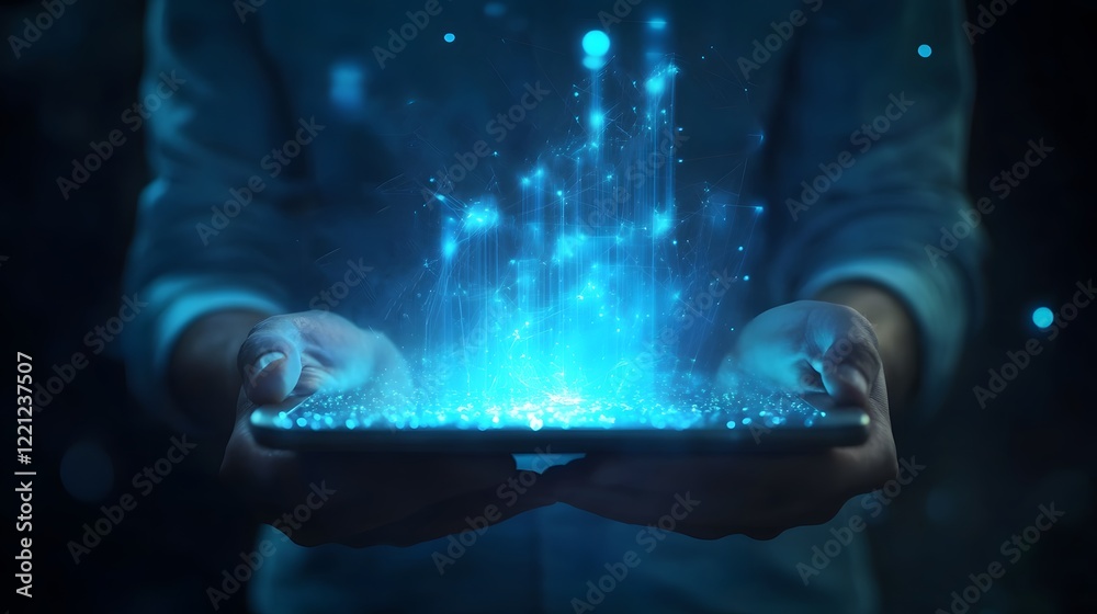 Fototapete Hands Holding a Tablet Displaying Glowing Digital Data, Creating an Ethereal Blue Light Effect, Representing Technology and Innovation in a Futuristic Setting