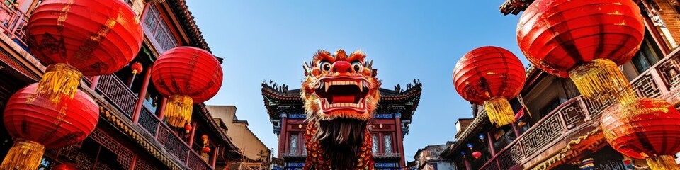Obraz premium Vibrant Festival Scene with Colorful Lanterns, Traditional Dragon Decor, and Clear Blue Sky Capturing the Spirit of Celebration and Cultural Heritage.