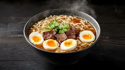 Ramen with beef and eggs dark wooden table food photography