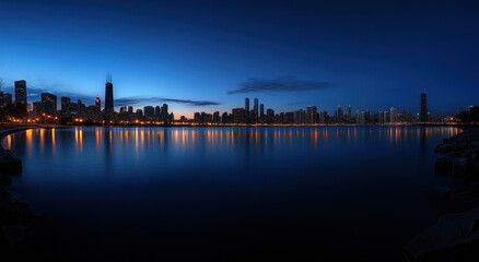 Chicago skyline reflects on the river at dusk during blue hour with illuminated buildings and serene waters