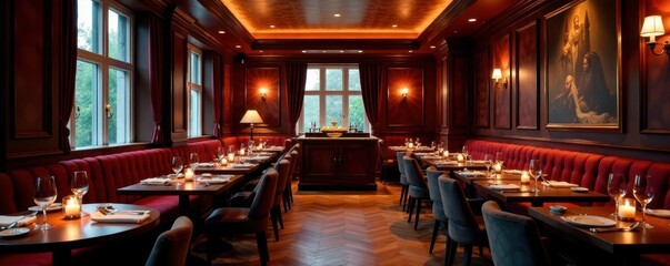Elegant restaurant interior, dim lighting, plush seating, architecture, chairs