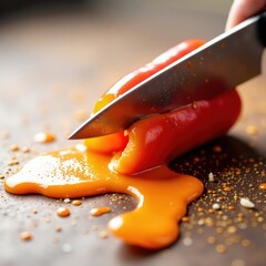 Close-up of a knife slicing a red pepper, fiery orange sauce splattering dramatically , culinary, vegetable