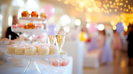 Elegant Party Celebration with Delicious Cupcakes and Sparkling Champagne in a Whimsical Atmosphere Filled with Twinkling Lights.