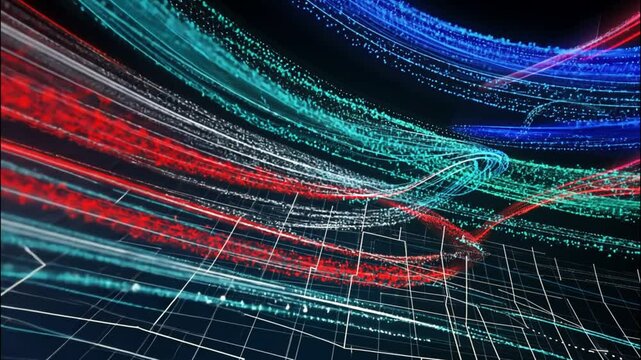 Streams of bright neon-colored particles flow in parallel through a virtual grid. The matrix effect makes the background feel futuristic, as if data is being transferred in a high-tech environment