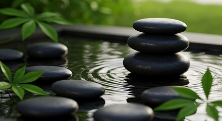 Fototapeta premium Pebble stones stack up in the middle of water pond create a circle of ripples. Created with Generative AI technology