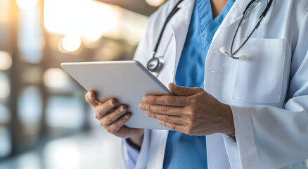 Doctor in a white coat examining medical data on a tablet in a bright healthcare setting