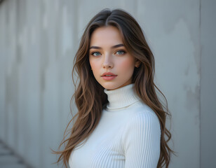 Fototapeta premium Beautiful woman in a turtleneck sweater, perfect for fashion or beauty stock photography.