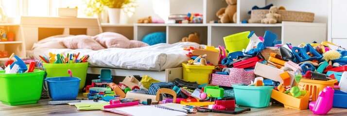 Colorful Child's Bedroom Filled with Toys and Clutter: A Playful Scene of Creativity and Imagination.