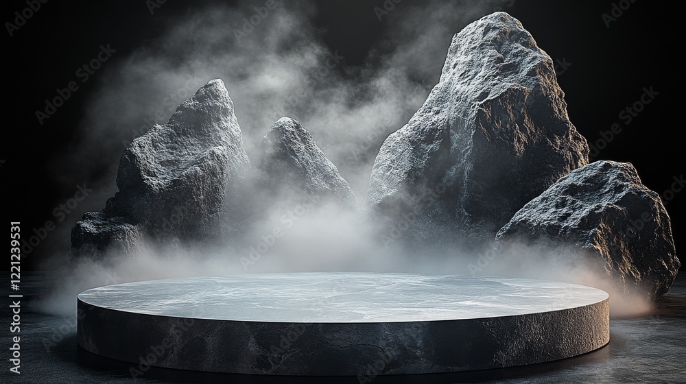 Poster Mysterious rocky landscape shrouded in fog with circular platform illuminated by soft light in an ethereal setting