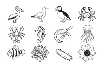 Sea animal silhouette vector illustration set