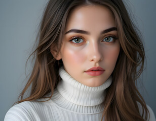 Naklejka premium Beautiful woman in a turtleneck sweater, perfect for fashion or beauty stock photography.