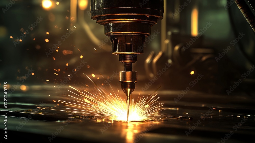 Poster precision laser cutting process illuminating a workshop with vibrant sparks during a late evening