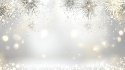 Elegant silver and gold fireworks background with bokeh lights and pearls.