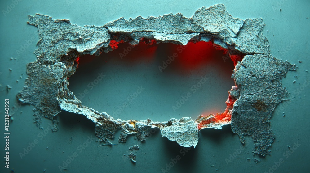 Poster Intriguing texture of crumbling wall revealing a mysterious glow behind the surface in a dimly lit urban setting at dusk