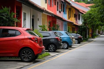 Colorful Urban Street Scene with Parked Cars Surrounded by Vibrant Houses and Lush Greenery.
