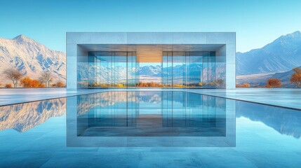 Fototapeta premium A modern glass structure stands prominently on a reflective surface,