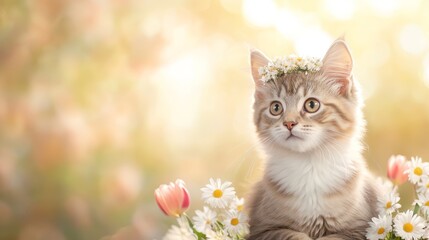 Adorable Feline with Flowers Wreath, Celebrating Springtime in a Dreamy Nature Background 13