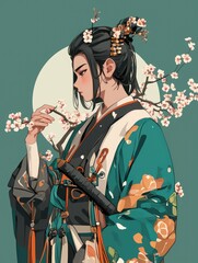 Fototapeta premium Elegant Anime Person in Traditional Clothing with Blossoms