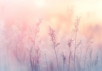 Obraz premium Beautiful meadow with tall grass at sunrise, foggy sky, pink and orange sky