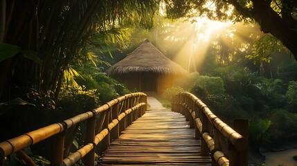 Fototapeta premium Wooden bridge in the jungle at sunset. Beautiful natural background.