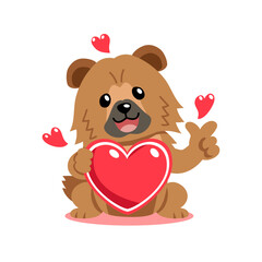 Vector cartoon valentine cute chow chow dog holding a big red heart for design.