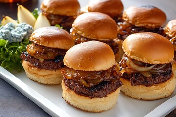 A platter of BBQ beef sliders, each topped with caramelized onions, served with a side of blue cheese and pear salad.