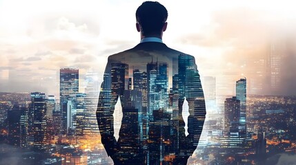 Businessman Overlooking Dynamic Cityscape with Modern Skyscrapers at Dusk, Representing Ambition, Growth, and Urban Lifestyle in a Contemporary Environment