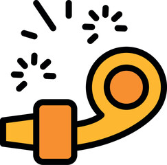 Orange party horn making celebratory sounds with exploding confetti, perfect for birthdays, new year's eve, and festive occasions