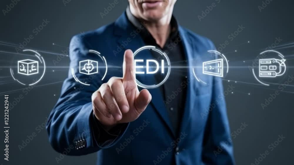 Poster global business data exchange: secure edi technology concept. a businessman interacts with edi icons